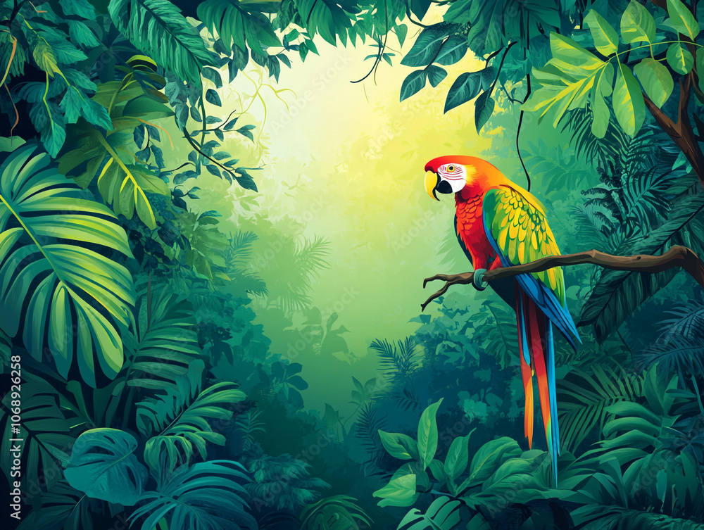 Fototapeta premium A colorful parrot is perched on a leafy green tree. A large empty space in the center is for text. 