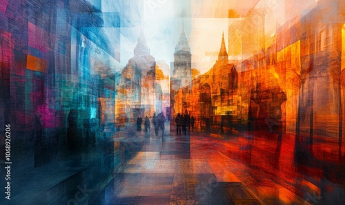 Abstract city scene with warm and cool colors.