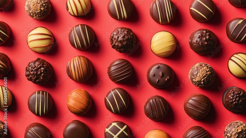 Assorted chocolate truffles displayed on a vibrant red background Assorted chocolate truffles displayed on a vibrant red background