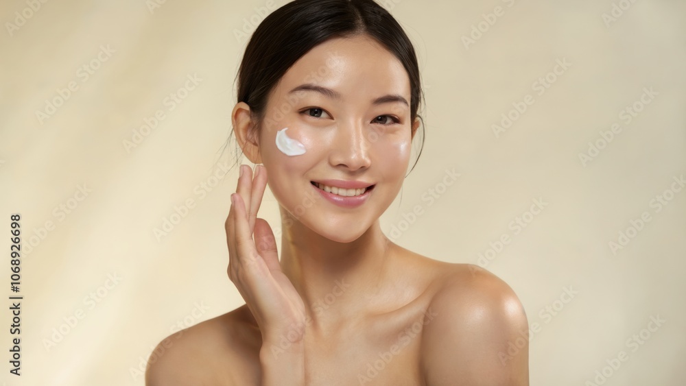 Woman smiling and applying moisturizer to her face. clear skin. taking care of your skin. Woman smiling and applying moisturizer to her face. clear skin. taking care of your skin.