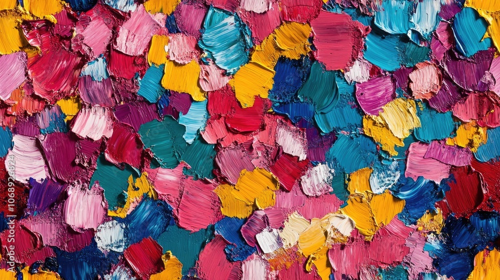 Fototapeta premium Close up oil paint abstract pattern featuring textured brushstrokes and chaotic splashes in vibrant multi colors ideal for art prints or design projects
