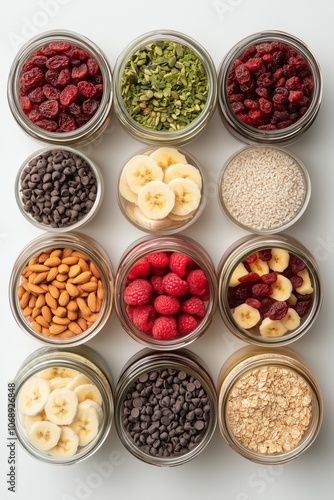 Assorted ingredients in jars: nuts, berries, and grains for healthy eating trends photo