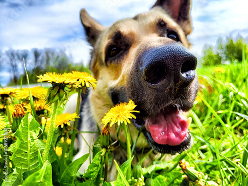 Quadro su tela A German Shepherd dog with a black nose and pink tongue lays in tall green grass, sniffing yellow dandelions