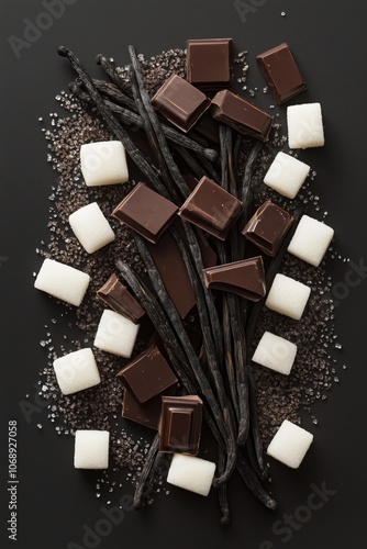 Dark chocolate and vanilla arrangement with sugar cubes on black background