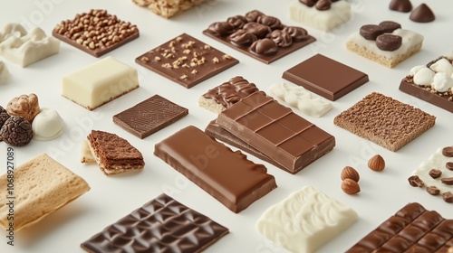 Assorted chocolate bars and confections displayed on white surface