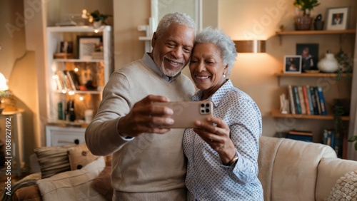 A man and a woman are taking a selfie together in the living room. They are both smiling and enjoying the moment. black elderly happy couple