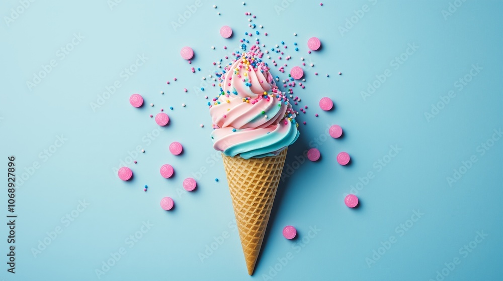 Pastel ice cream cone with colorful sprinkles on a vibrant blue background Pastel ice cream cone with colorful sprinkles on a vibrant blue background