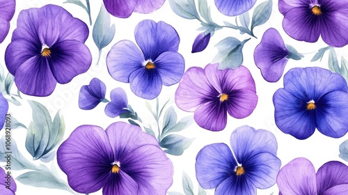 Seamless watercolor pattern of vibrant pansies and wild spring leaves ideal for fabric and wallpaper design