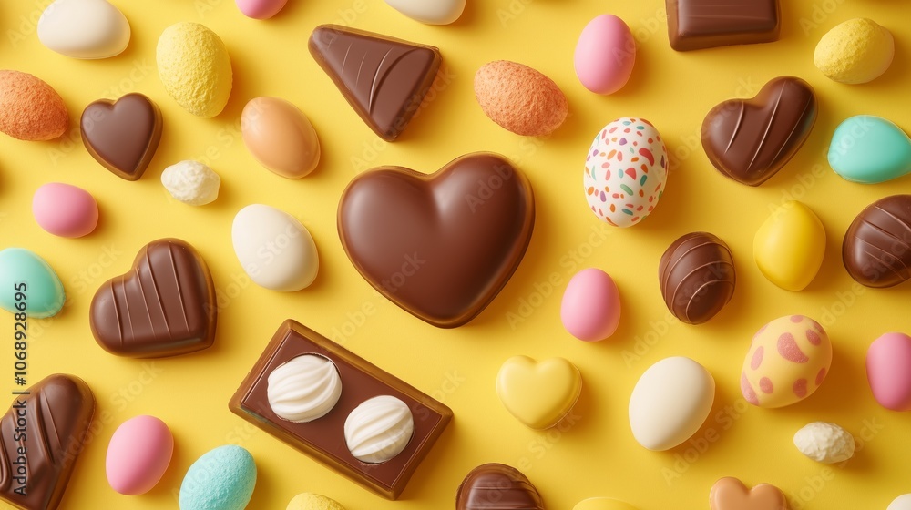 Fototapeta premium Assorted chocolate and candy easter eggs on vibrant yellow background