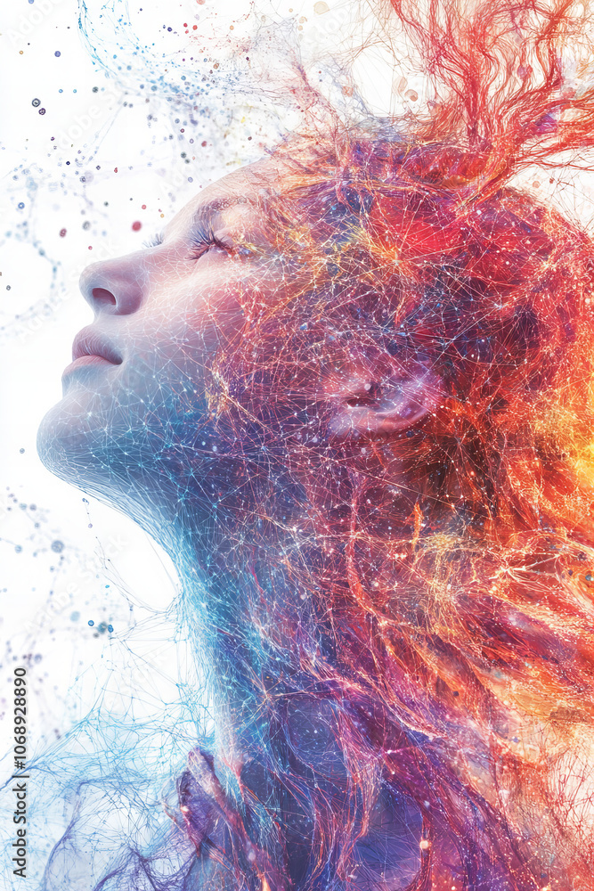 Futuristic Abstract Portrait with Neural Network Pattern and Vibrant Colorful Dots Representing Technology, Data, and Digital Connections Futuristic Abstract Portrait with Neural Network Pattern and Vibrant Colorful Dots Representing Technology, Data, and Digital Connections