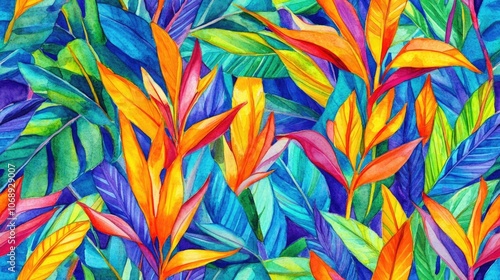 Bright tropical jungle leaves in a vibrant watercolor seamless pattern featuring strelitzia flowers ideal for fabric designs and home decor