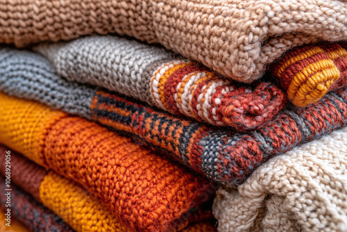 a pile of knitted blankets in shades of brown, orange, and red.