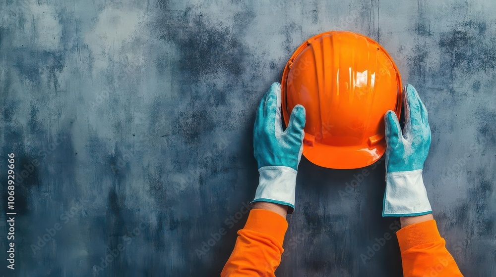 Fototapeta premium Watercolor image of hands in protective gloves holding a hard hat, symbolizing safety and unity on a construction site