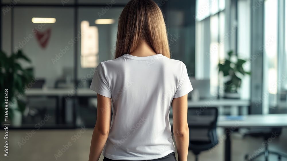 Woman walking away in an office setting Woman walking away in an office setting