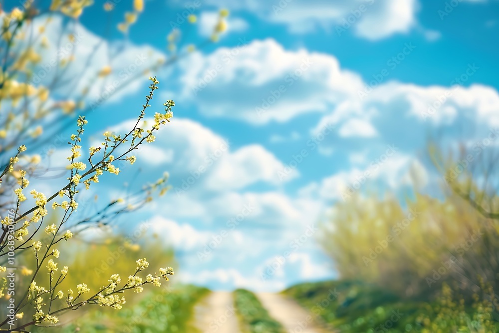 Spring landscape with blooming trees and blue sky with clouds Spring landscape with blooming trees and blue sky with clouds