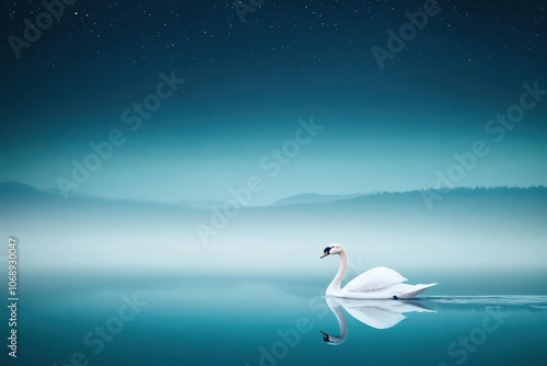 Swan gliding across a lake under a starlit sky, elegant and serene, digital illustration, capturing calm and beauty of New Year s Eve photo