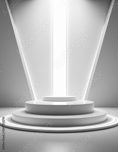 Empty light podium with neon on abstract background with copy space. Modern platform for product placement or montage, promotion, mock up, show technical product. 3d render of futuristic showcases. photo