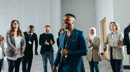 Photography Joyful businessman leading a team workshop while talking and engaging with colle