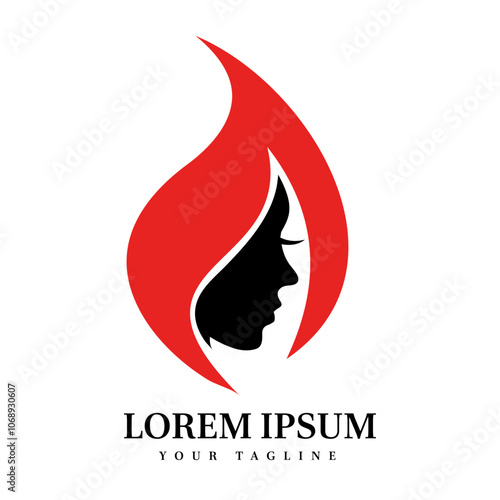 Modern Red Flame with Feminine Profile Silhouette Ideal for Beauty, Spa, Empowerment, and Fashion Brand Identity