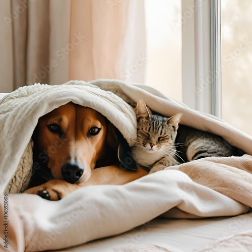 A dog and cat snuggled up together on a cozy blanket, peacefully napping side by side.