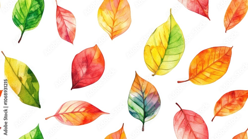 Seamless pattern featuring a variety of watercolor wedge leaves ideal for textile design and home decor Seamless pattern featuring a variety of watercolor wedge leaves ideal for textile design and home decor