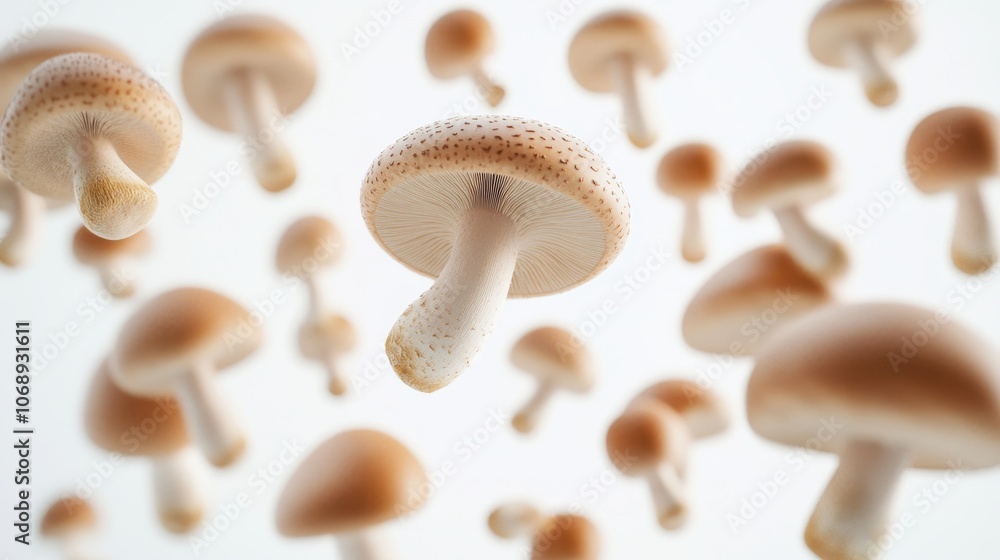 Mushrooms floating in the air against a white background. Mushrooms floating in the air against a white background.
