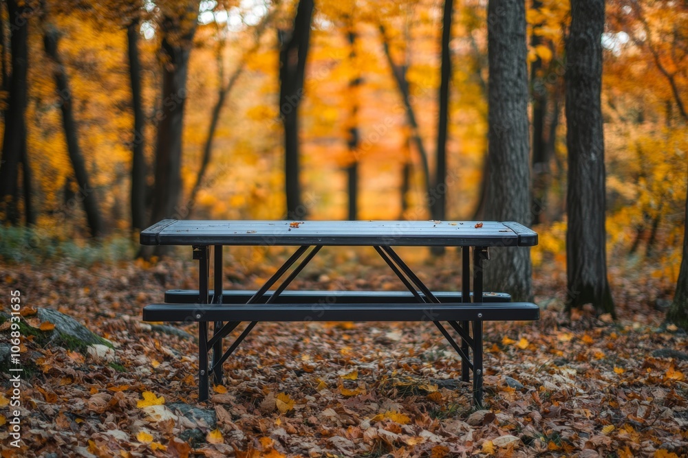 Empty Picnic Table in Autumn Forest Empty Picnic Table in Autumn Forest