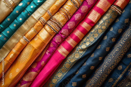 traditional Indian clothing like sarees and lehengas laid out with jewelry. photo