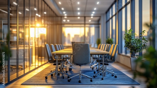 An empty conference room with a large window overlooking a city skyline. photo