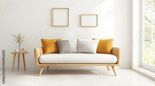 Create a minimalist mockup featuring a stylish sofa with custom print cushions in a modern frame