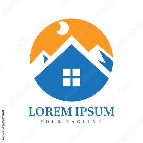 Cozy Cabin with Moon and Mountain Silhouette Perfect for Real Estate, Travel, Hospitality, and Nature Brand Identity