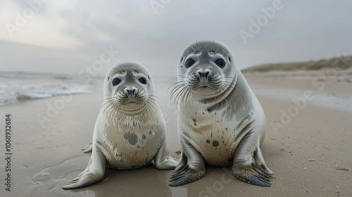 Grey seals (Halichoerus grypus) on the beach photo