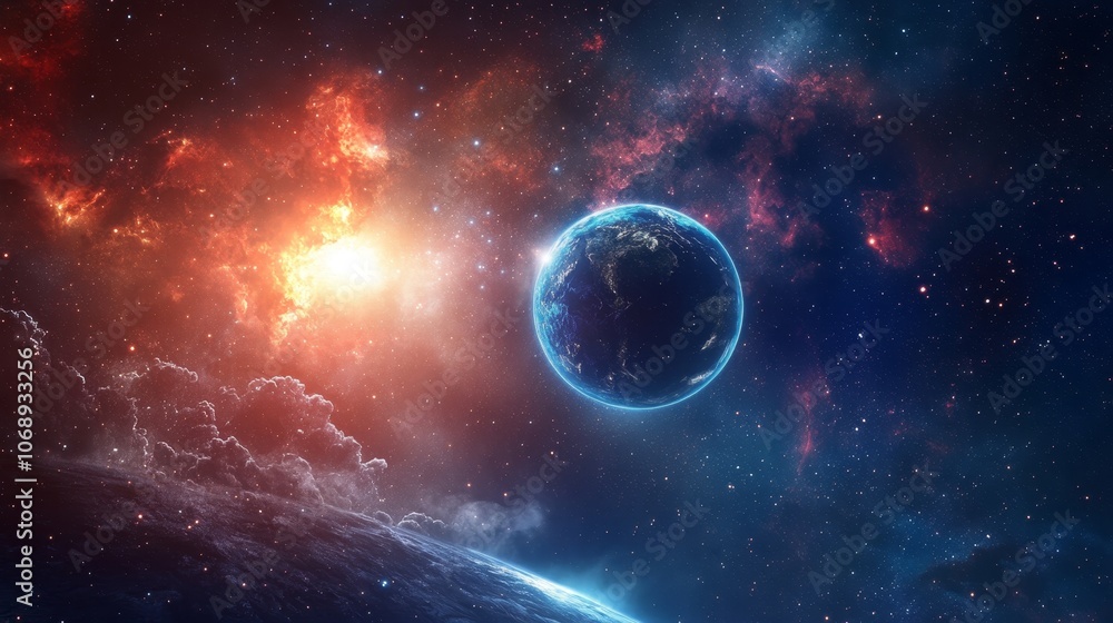 Obraz premium A blue planet in a galaxy with bright stars and nebulae. This image is perfect for sci fi themes, space exploration, and the beauty of the cosmos.