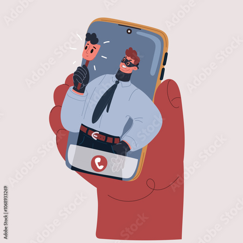 Cartoon vector illustration of a phone scammer impersonating customer support during a suspicious call