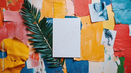 vibrant vision board for 2025 featuring colorful paint swatches, sketches, and blank canvas surrounded by greenery. This creative setup inspires motivation and positivity photo