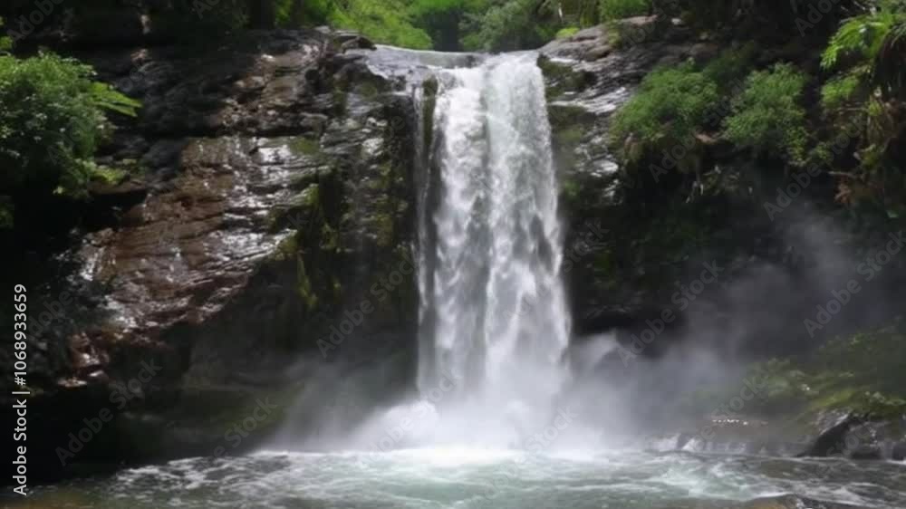 High Waterfall Cascading Into Turquoise Pool In Tropical Jungle High Waterfall Cascading Into Turquoise Pool In Tropical Jungle