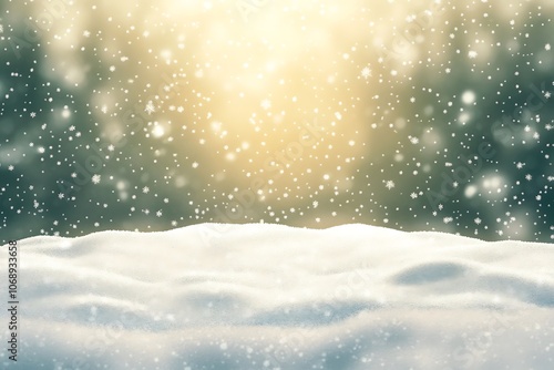 Wallpaper Mural snowdrift winter background with snow scene, falling snowflakes and soft yellow glow from behind, sunny frost day, landscape design banner, holiday wallpaper with copy space, blurred bokeh effect Torontodigital.ca