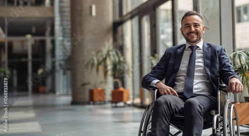 A man dressed in a formal suit and tie sits comfortably in a wheelchair