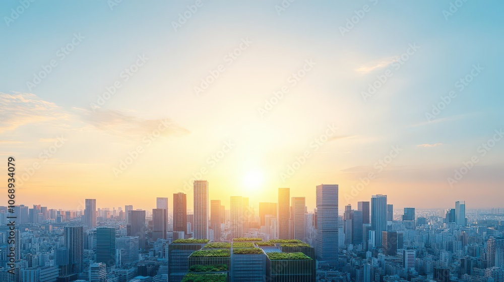 Fototapeta premium City skyline featuring carbonneutral skyscrapers, green terraces, solar windows, sunset tones, blending architecture with nature