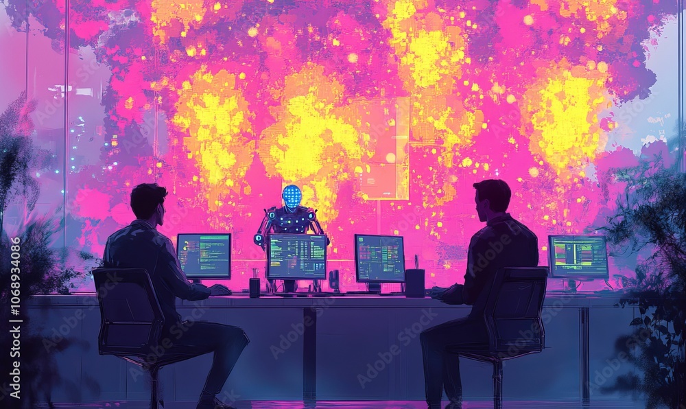Two men working at computers with a robot. Two men working at computers with a robot.