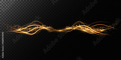 Festive gold light line. With fine particles of stardust, a golden ribbon winds around a dark background with a fine sprinkling of stars. curved light line, rope, ribbon. 
