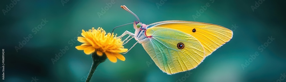 Fototapeta premium Butterfly on flower, vibrant macro, detailed wing textures, lush green backdrop