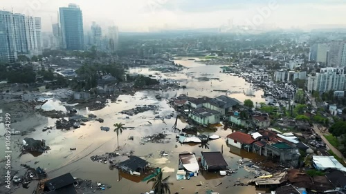 Soaring above the city reveals widespread destruction from harsh flooding and hurricane winds. Buildings are submerged while rescue efforts continue amidst the chaos and damage.