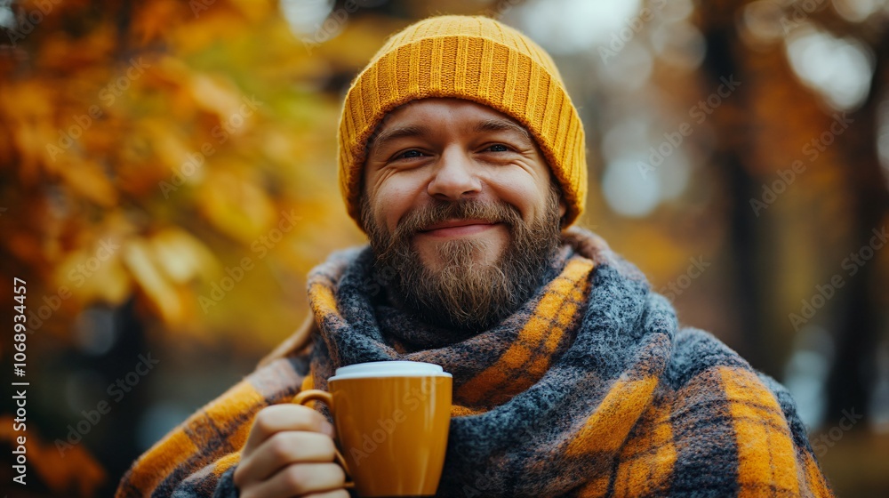 Man wearing a yellow hat and a scarf holding a cup of coffee. He has a beard and a smile on his face. bearded man, autumn background, cozy flannel blanket, steaming hot mug Man wearing a yellow hat and a scarf holding a cup of coffee. He has a beard and a smile on his face. bearded man, autumn background, cozy flannel blanket, steaming hot mug