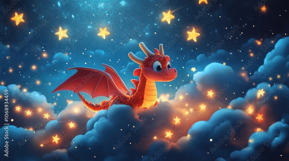 Naklejka premium A cute red dragon sits on fluffy clouds with glowing stars in the night sky.