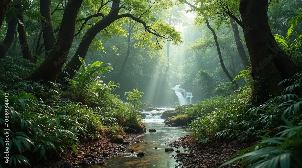 Obraz premium Floresta tropical pluvial, raios solares entrando na selva.