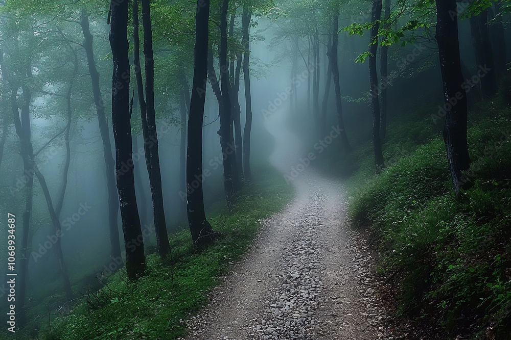 Obraz premium Misty forest path winding through dense trees during early morning