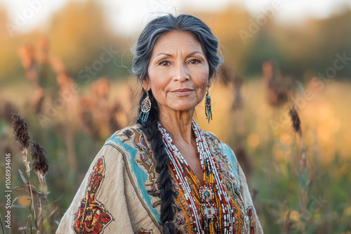 Elderly Native American woman with braided hair, adorned in traditional embroidered clothing and beaded jewelry, standing in a peaceful natural landscape. photo