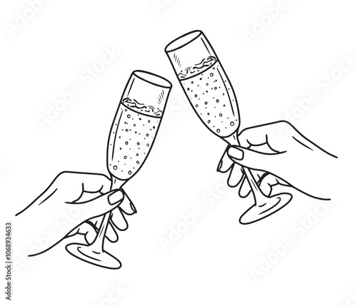Two hands holding glass and clinking with sparkling wine champagne in black isolated on white. Hand drawn vector sketch illustration in doodle engraved vintage line art style. Holiday, toast