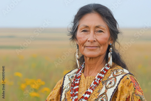 Elderly Native American woman with braided hair, adorned in traditional embroidered clothing and beaded jewelry, standing in a peaceful natural landscape. photo